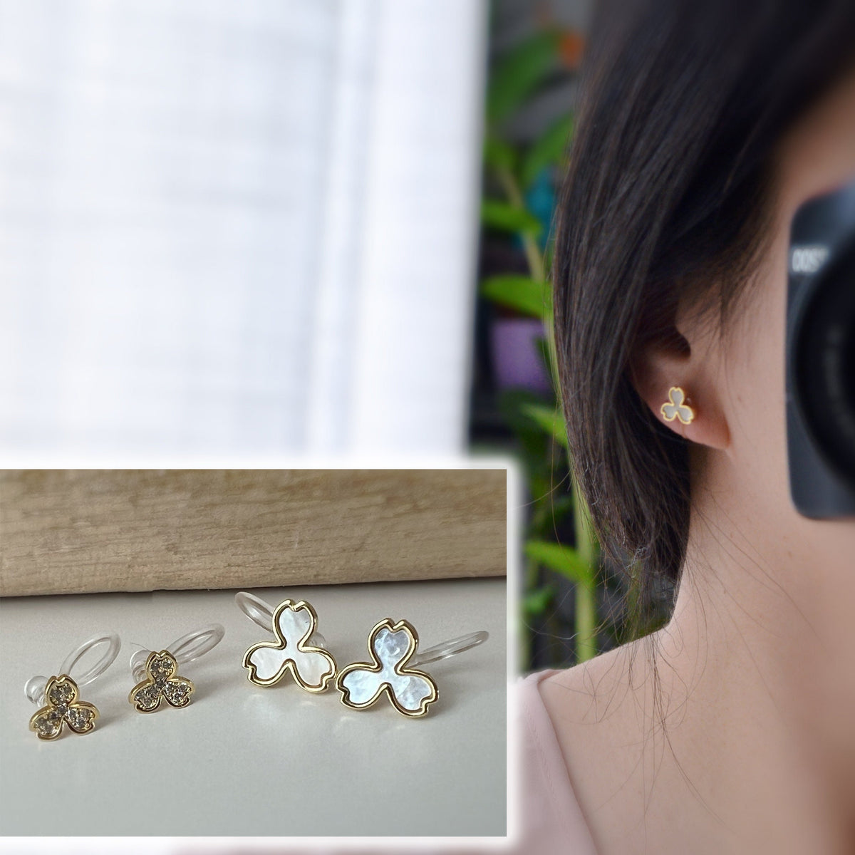 Mini Boucles d'oreilles Clips INVISIBLE Or trois Feuilles nacre blanche et Mini Zircon. Clips d'oreilles Confortables, bijoux quotidien