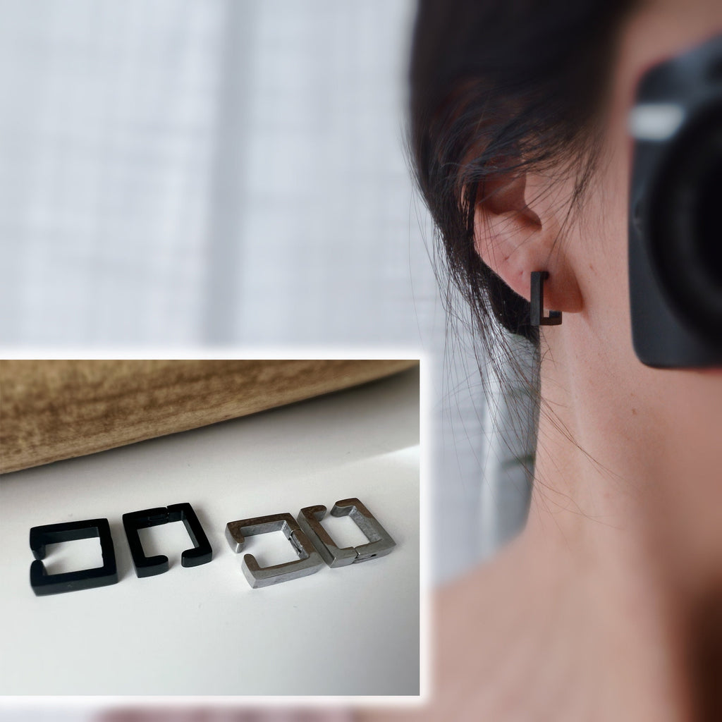 Boucles d'oreilles Rock CLIPS CLAMP carré Argent / Noir. clips d'oreilles pour Oreilles Non Percées. Bijoux quotidiens hommes femmes