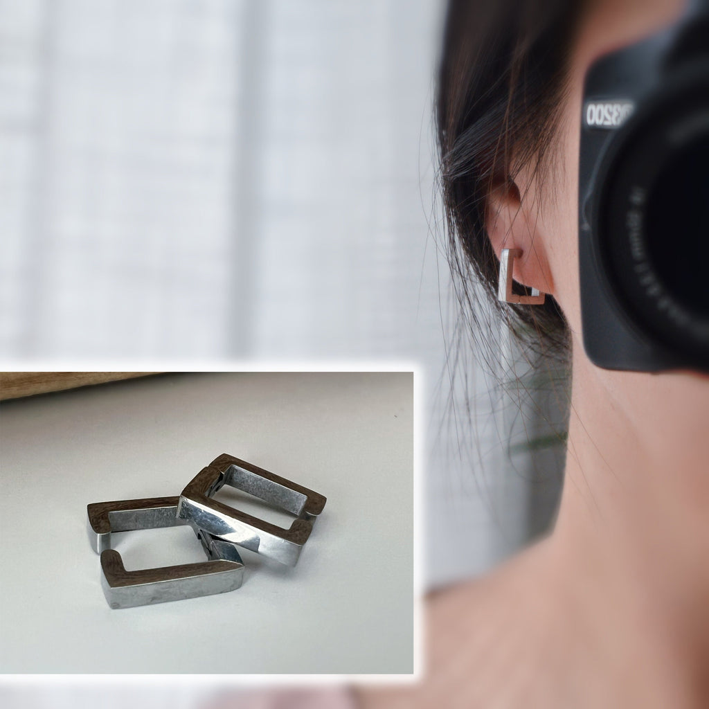 Boucles d'oreilles Rock CLIPS CLAMP carré Argent / Noir. clips d'oreilles pour Oreilles Non Percées. Bijoux quotidiens hommes femmes