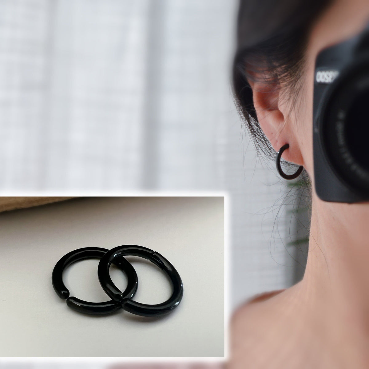 Rock Boucles d'oreille CLIPS Pince Anneaux couleur Argent/ Noir pour oreilles non percées. Hommes Femmes Créole cercle 18mm