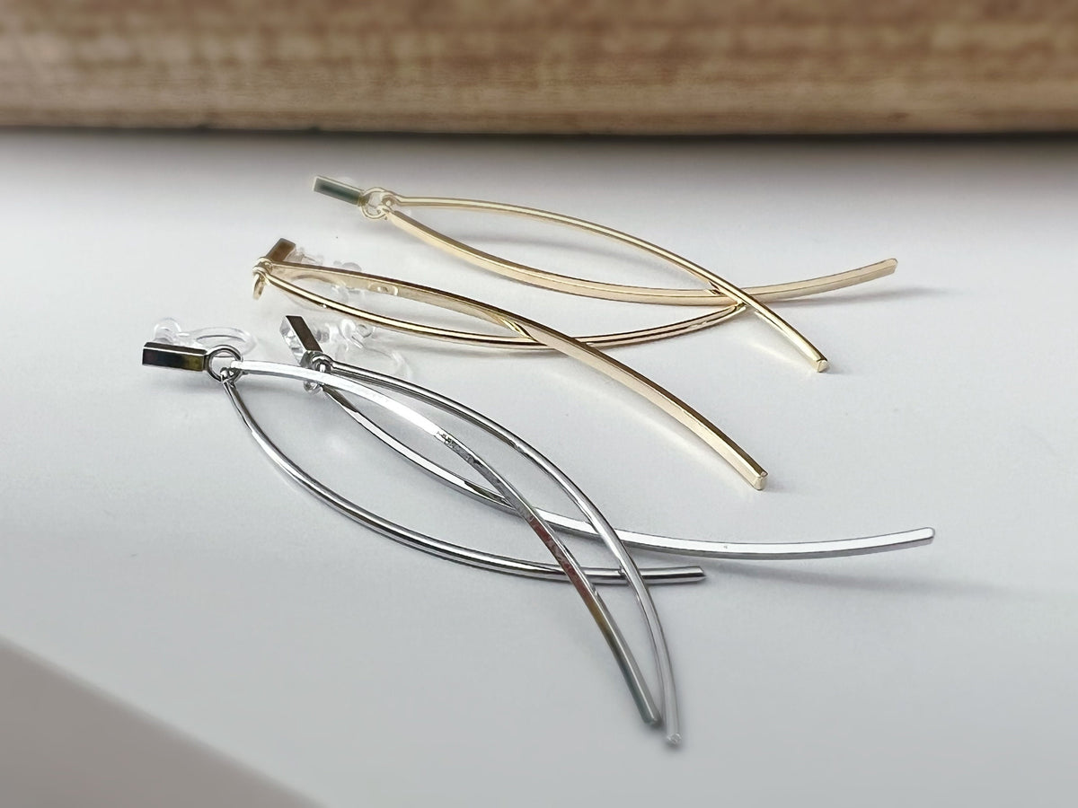 Longues Boucles d'oreilles Clips INVISIBLES Mini rectangle avec Double barre pendantes Or/Argent. Clips d'oreilles confortable prêt à offrir