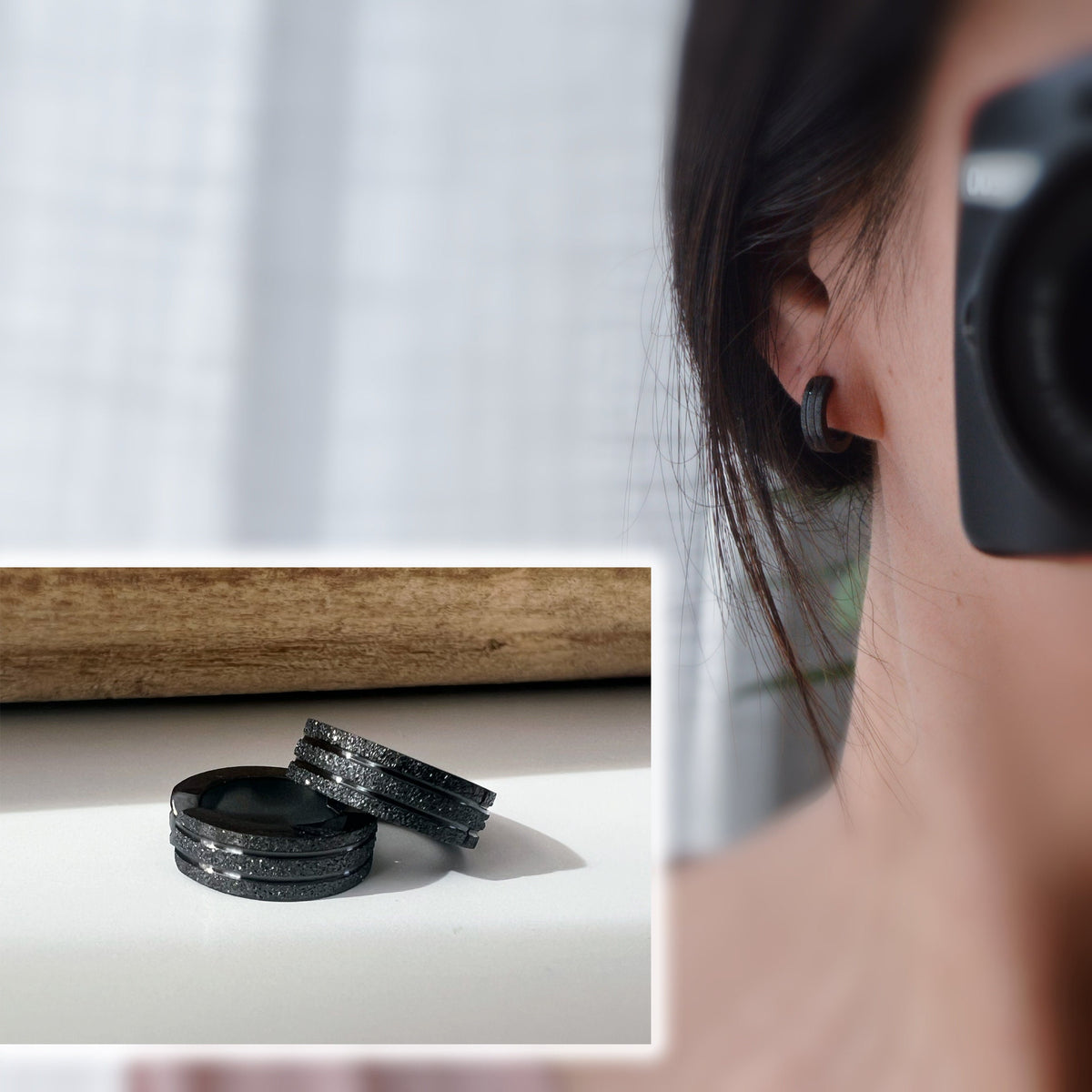 Rock CLIPS CLAMP earrings frosted silver / frosted black rings. Unpierced Ears. Daily Jewelry Men Women