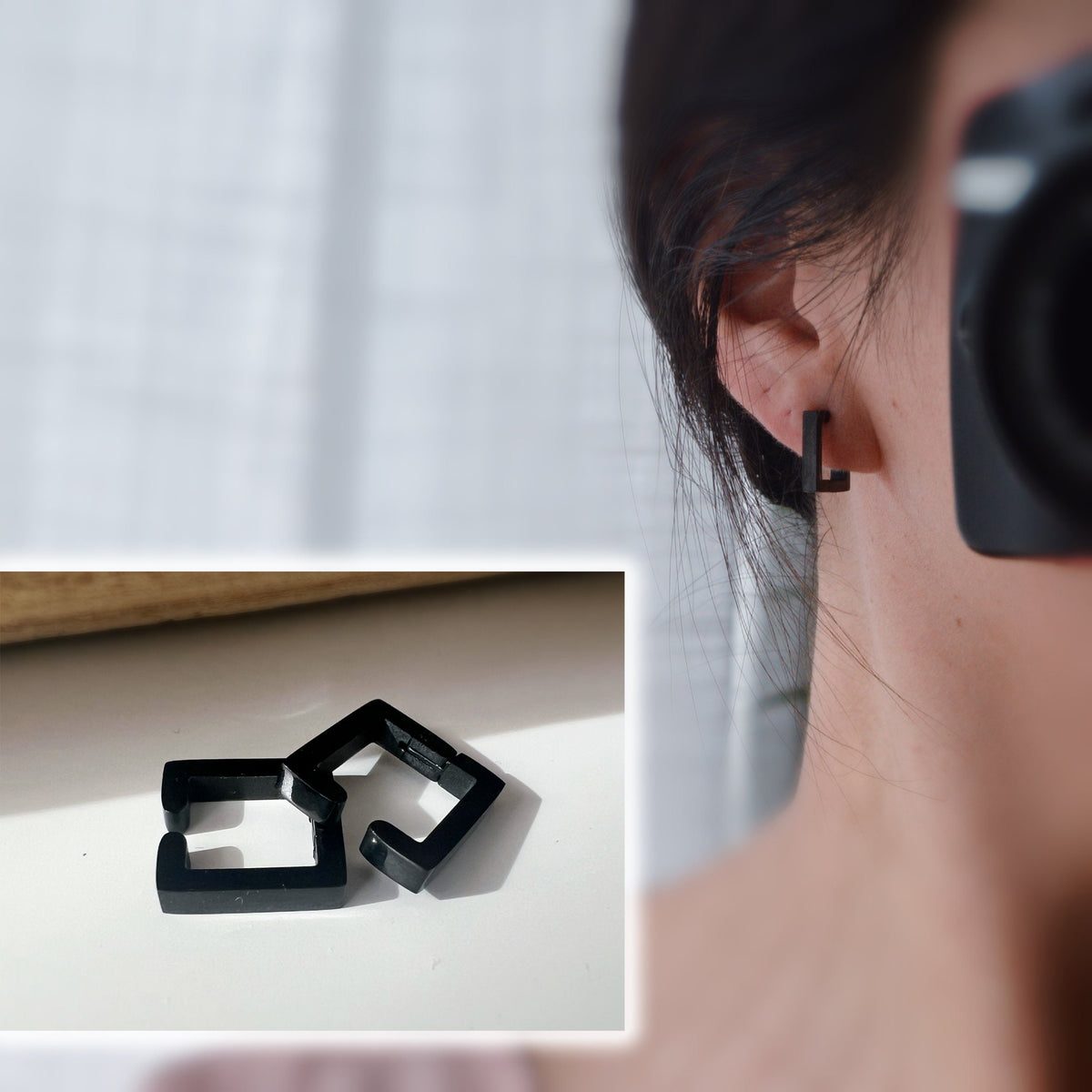 Boucles d'oreilles Rock CLIPS CLAMP carré Argent / Noir. clips d'oreilles pour Oreilles Non Percées. Bijoux quotidiens hommes femmes