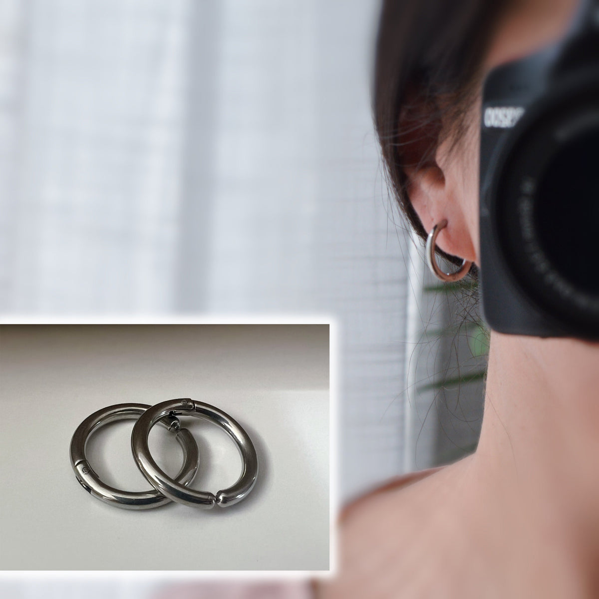 Rock Boucles d'oreille CLIPS Pince Anneaux couleur Argent/ Noir pour oreilles non percées. Hommes Femmes Créole cercle 18mm