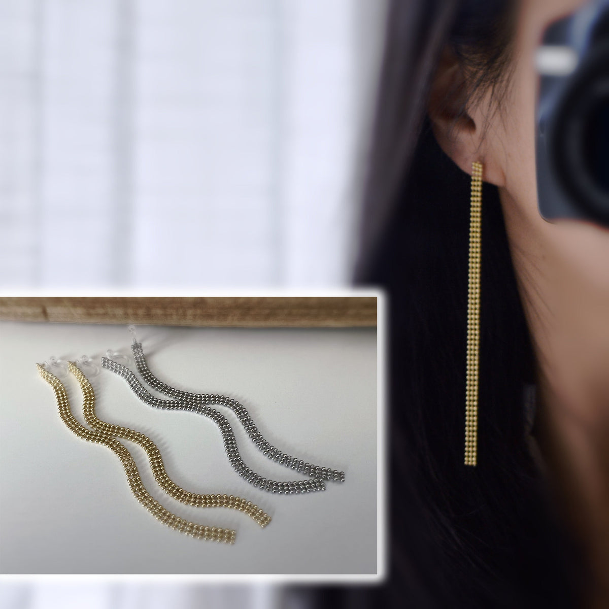 Super longues Boucles d'oreilles Clips INVISIBLES, Clips d'oreilles Chaîne Mini perles Argent / Or. Bijoux Minimaliste.