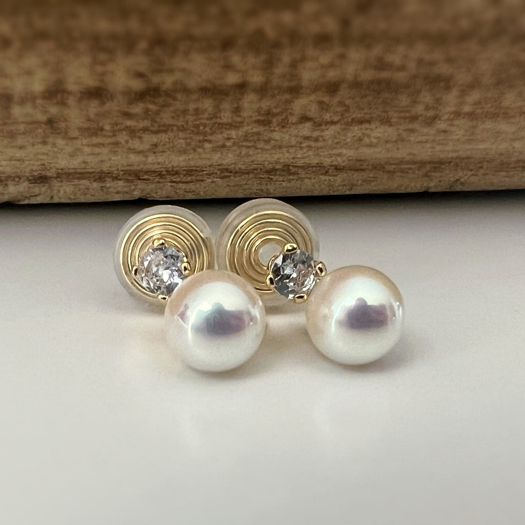 PAINLESS! CLIPS U spiral earrings gold plated White pearl 8mm Zircon 4MM. Comfortable ear clips.