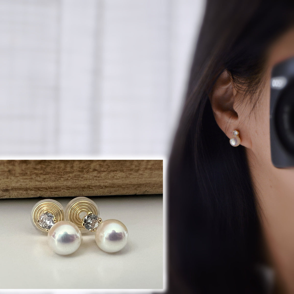 PAINLESS! CLIPS U spiral earrings gold plated White pearl 8mm Zircon 4MM. Comfortable ear clips.