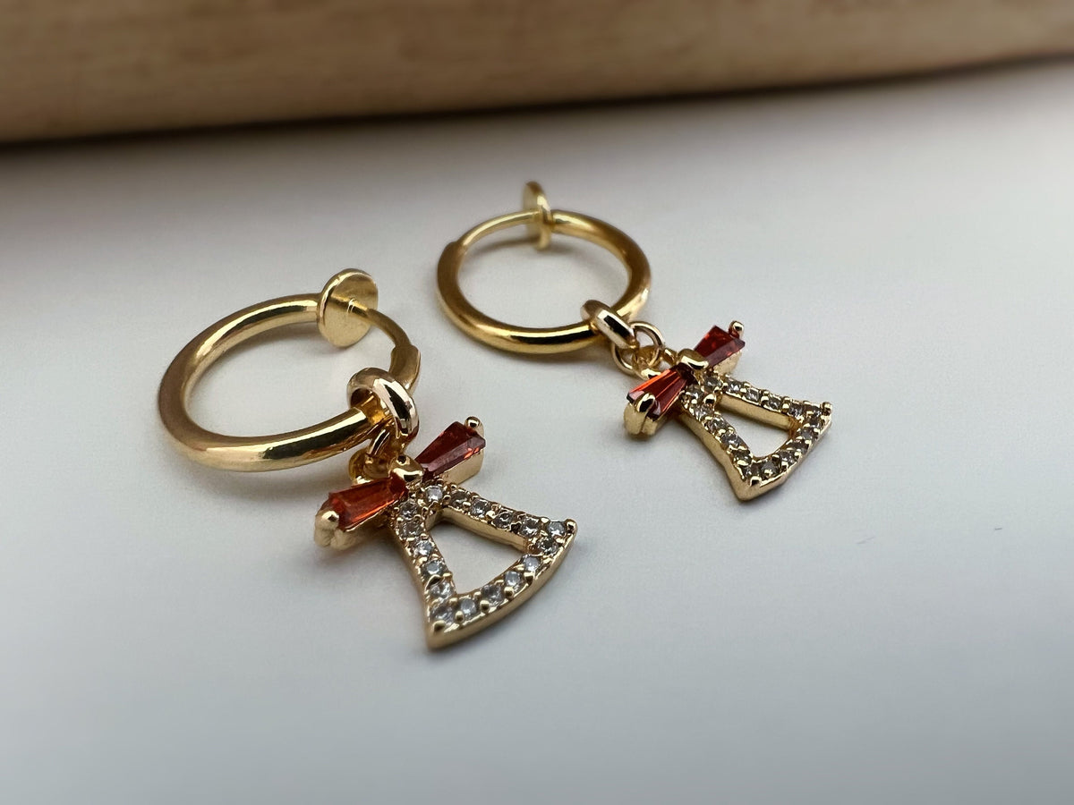 Clips d'oreille 2-EN-1 CLIPS anneaux Créoles doré avec clochette zircon noeud de papillon rouge Bijoux quotidien Anneaux 1.3cm