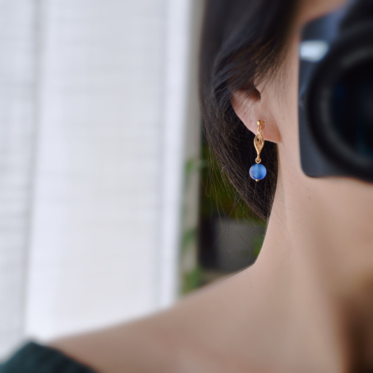 INVISIBLE Clip Earrings, Gold Ear Clips Hollow almond-shaped sculpture with blue pearl Daily jewelry. Ready to gift.