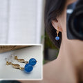INVISIBLE Clip Earrings, Gold Ear Clips Hollow almond-shaped sculpture with blue pearl Daily jewelry. Ready to gift.