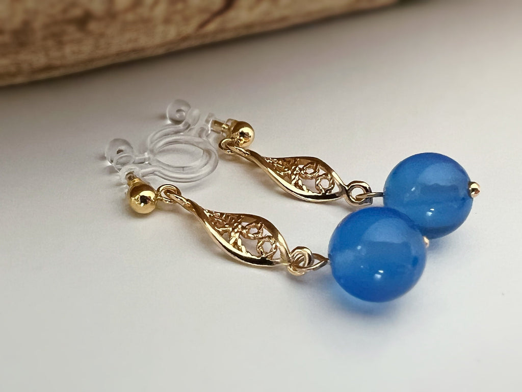 INVISIBLE Clip Earrings, Gold Ear Clips Hollow almond-shaped sculpture with blue pearl Daily jewelry. Ready to gift.