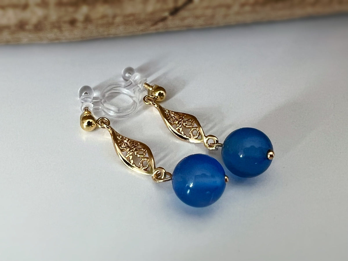 INVISIBLE Clip Earrings, Gold Ear Clips Hollow almond-shaped sculpture with blue pearl Daily jewelry. Ready to gift.