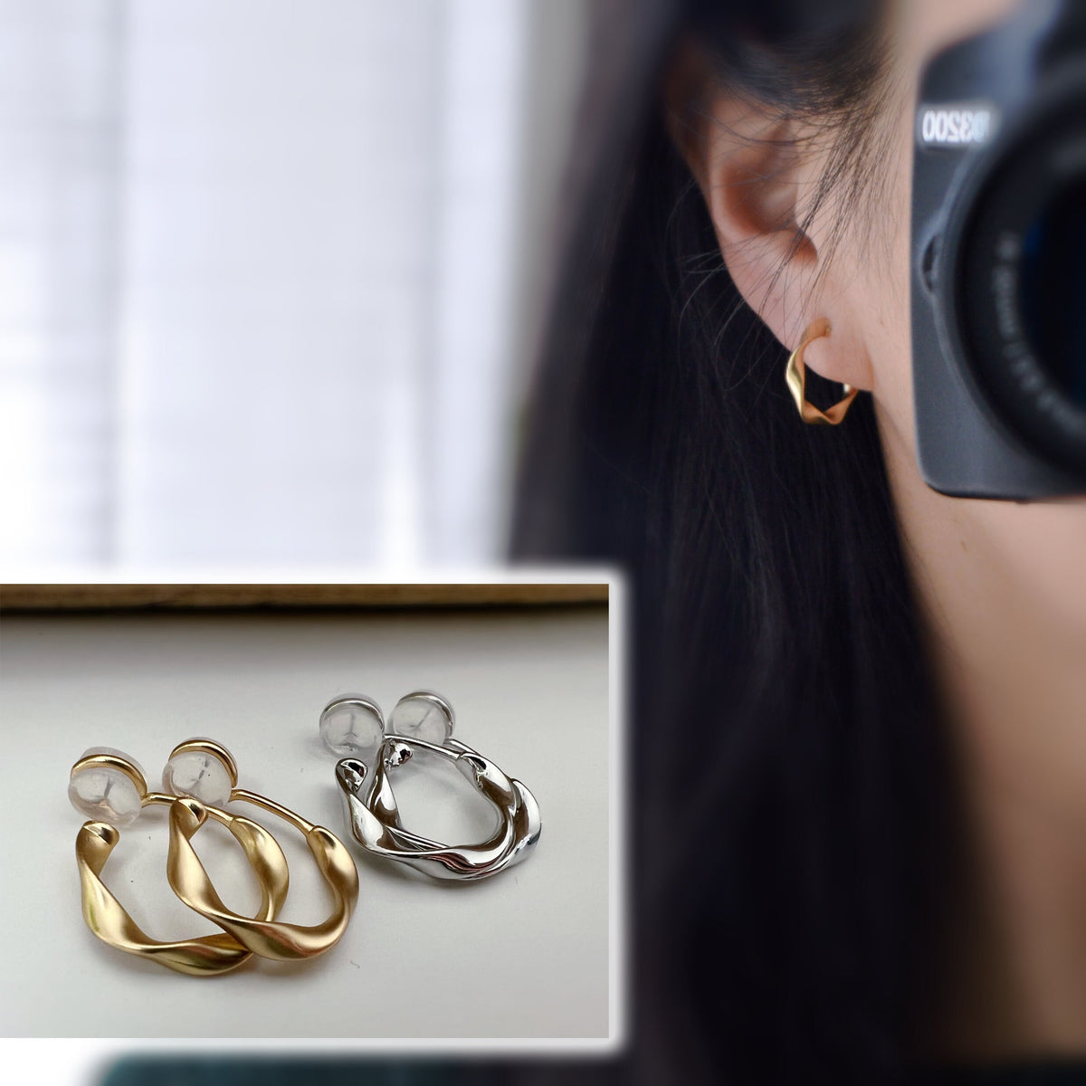 SANS DOULEUR ! 20mm Boucles d'oreilles CLIPS U Cercle torsadé Or Mat / Argent / Argent Mat. Clips d'oreilles confortable Boucles Délicates