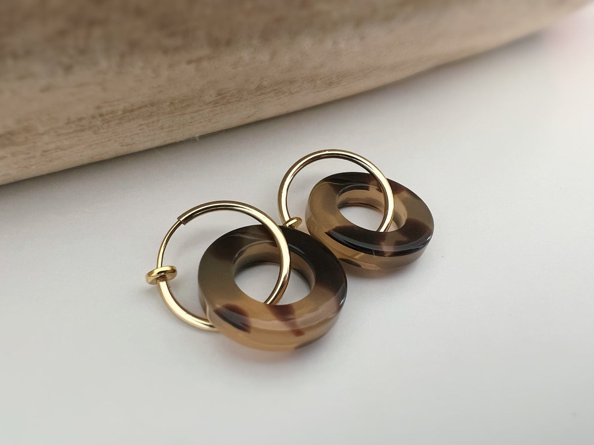2 EN 1 Créoles Clips 18mm Or/ Argent Cercle écaille de tortue Marron. Clips d'oreilles Anneaux Or/ argent. Boucles d'oreilles.