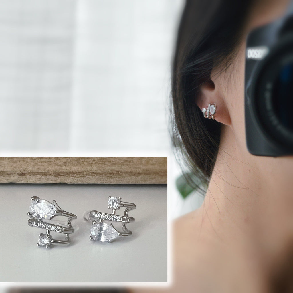 Boucles d'oreilles Clips invisible argent, triple demi-cercle Mini zircon goutte d'eau, Clips d'oreilles. Bijoux quotidien. Prêt à offrir.