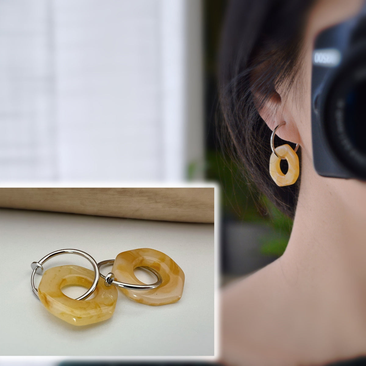 2 IN 1 Hoop Earrings Clips 20mm Silver Irregular Circles Color Coffee, Coffee with milk, Cream. Silver Hoop Ear Clips. Earrings.