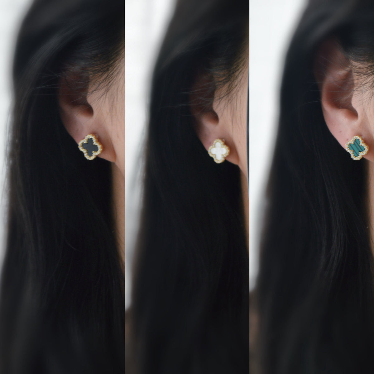 CLIPS d'oreilles invisibles, Trèfle à 4 feuilles or porte bonheur mini zircon Noir/ Blanc/ Vert Boucles d'oreilles clips confortable délicat