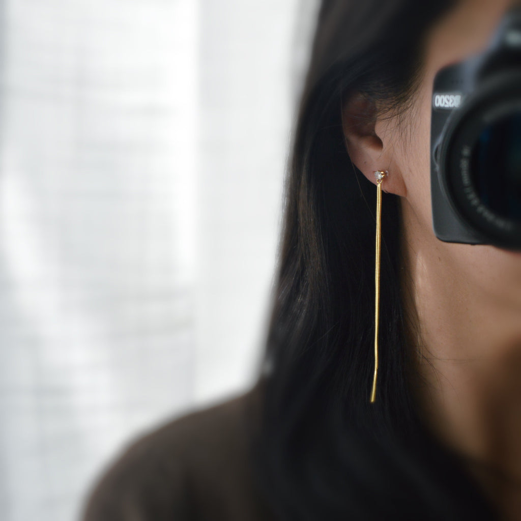 Super long INVISIBLE clip earrings, Double gold chain ear clips with round Zircon clips. Minimalist Jewelry.