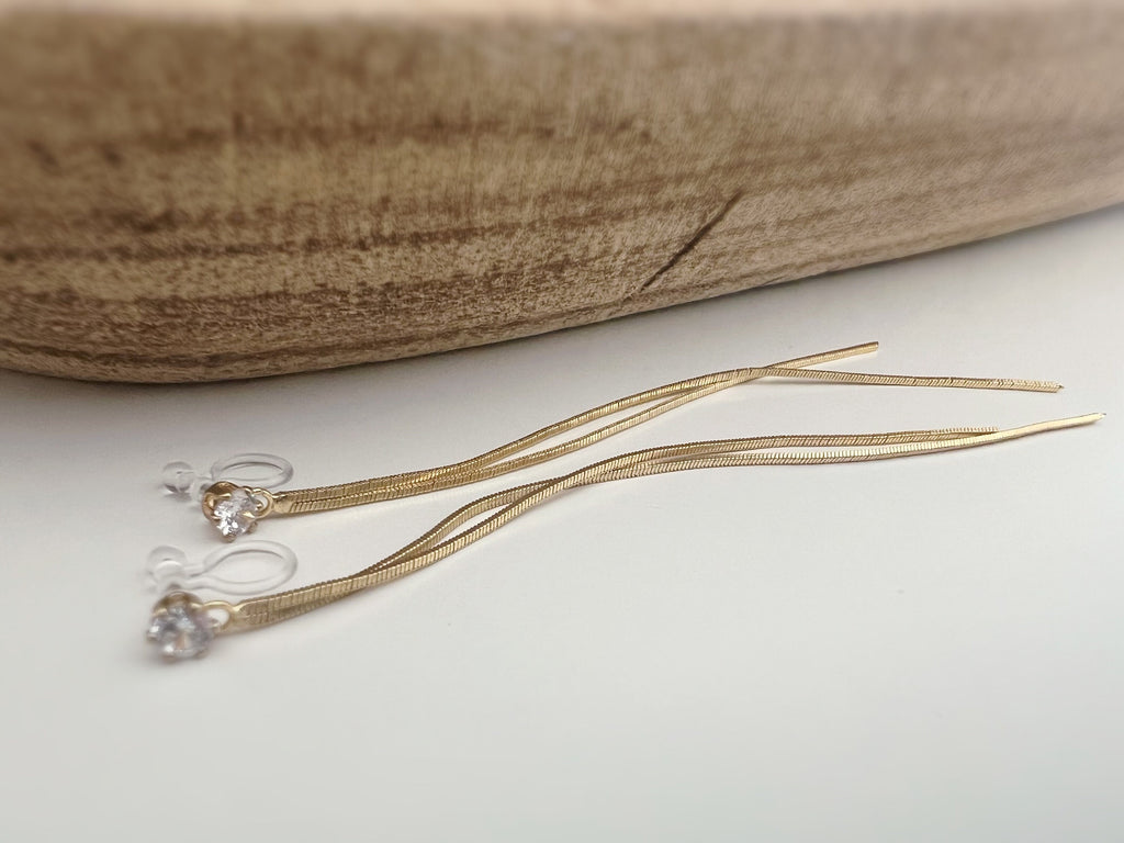 Super long INVISIBLE clip earrings, Double gold chain ear clips with round Zircon clips. Minimalist Jewelry.