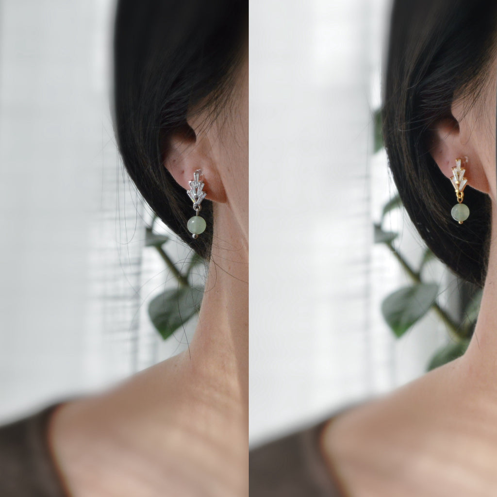 Boucles d'oreilles Clips INVISIBLES, clips d'oreilles pendants feuilles Zircon Argent/ Or avec perle verte Bijoux quotidien. Prêt à offrir.