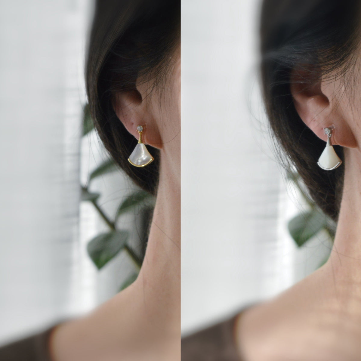 Invisible ear CLIPS Gold / Silver White mother-of-pearl fan shape Small round Zircon. Delicate minimalist earrings