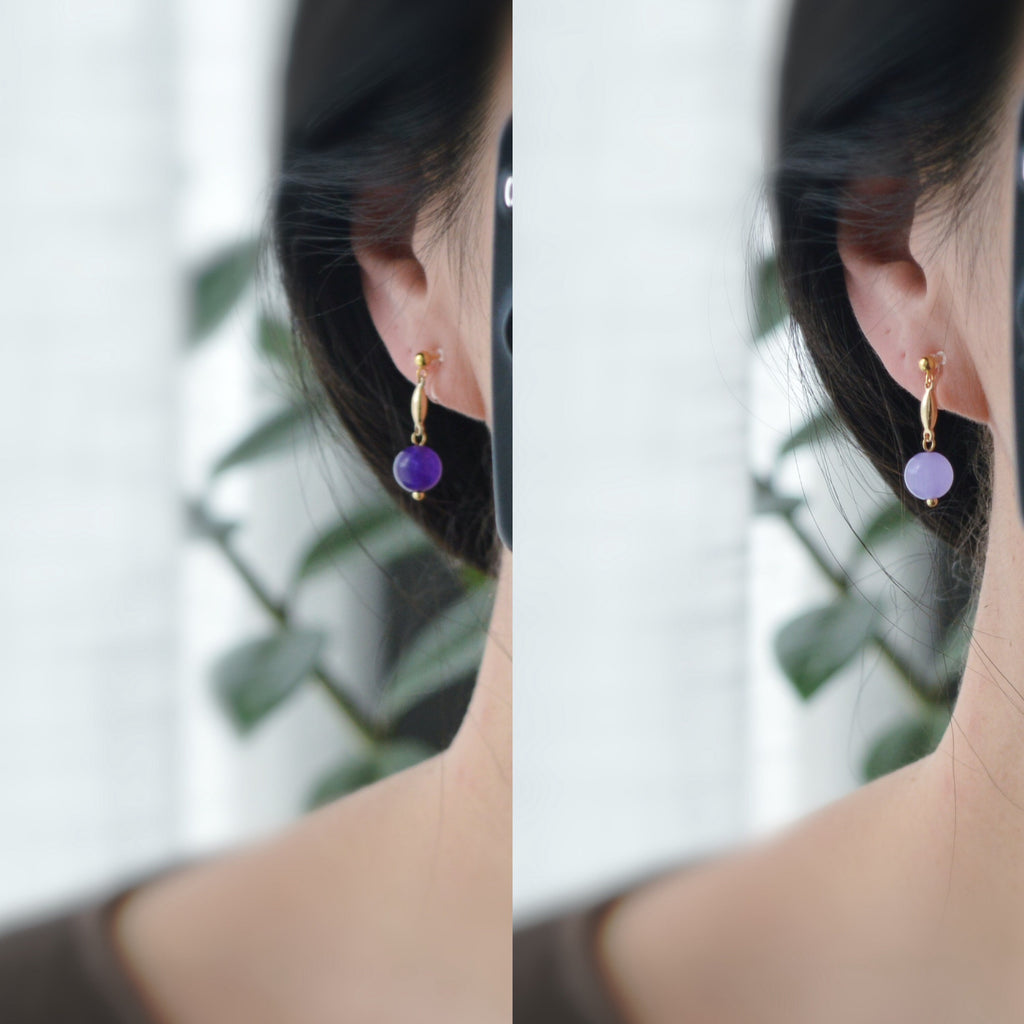 Boucles d'oreilles CLIPS INVISIBLES pendantes Or, petit barre, Perle couleur Violet Claire/ Violet foncé. Confortable. Prêt à offrir