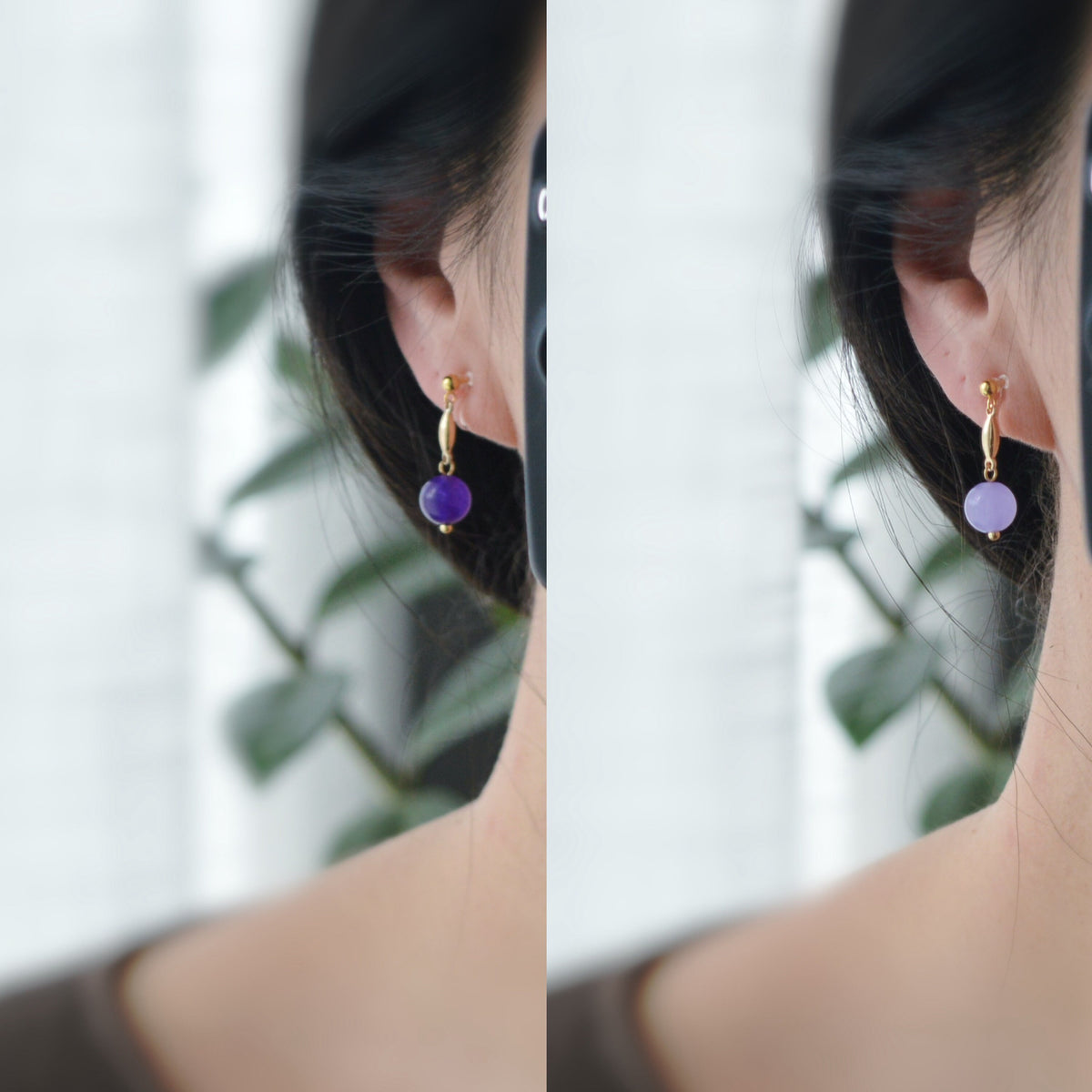 Boucles d'oreilles CLIPS INVISIBLES pendantes Or, petit barre, Perle couleur Violet Claire/ Violet foncé. Confortable. Prêt à offrir
