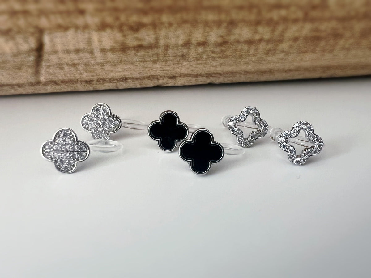 CLIPS d'oreilles invisibles Trèfle à 4 feuilles porte bonheur Noir/ Mini zircon Argent/ Argent creux Boucles d'oreilles confortable délicat