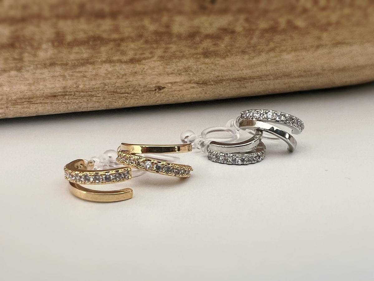 Boucles d'oreilles Clips INVISIBLES Double demi-cercle couleur Or / Argent Zircon Clips d'oreilles confortable bijoux minimaliste quotidien.