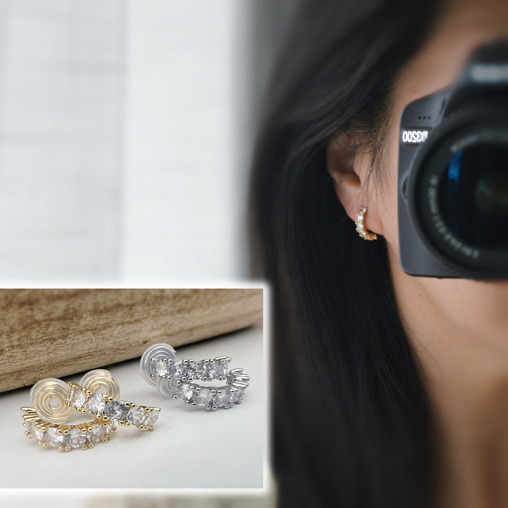 SANS DOULEUR ! Boucles d'oreilles CLIPS U spirale Cercle Petit Pierres Zircon Rond couleur Or / Argent. Clips d'oreilles confortable.