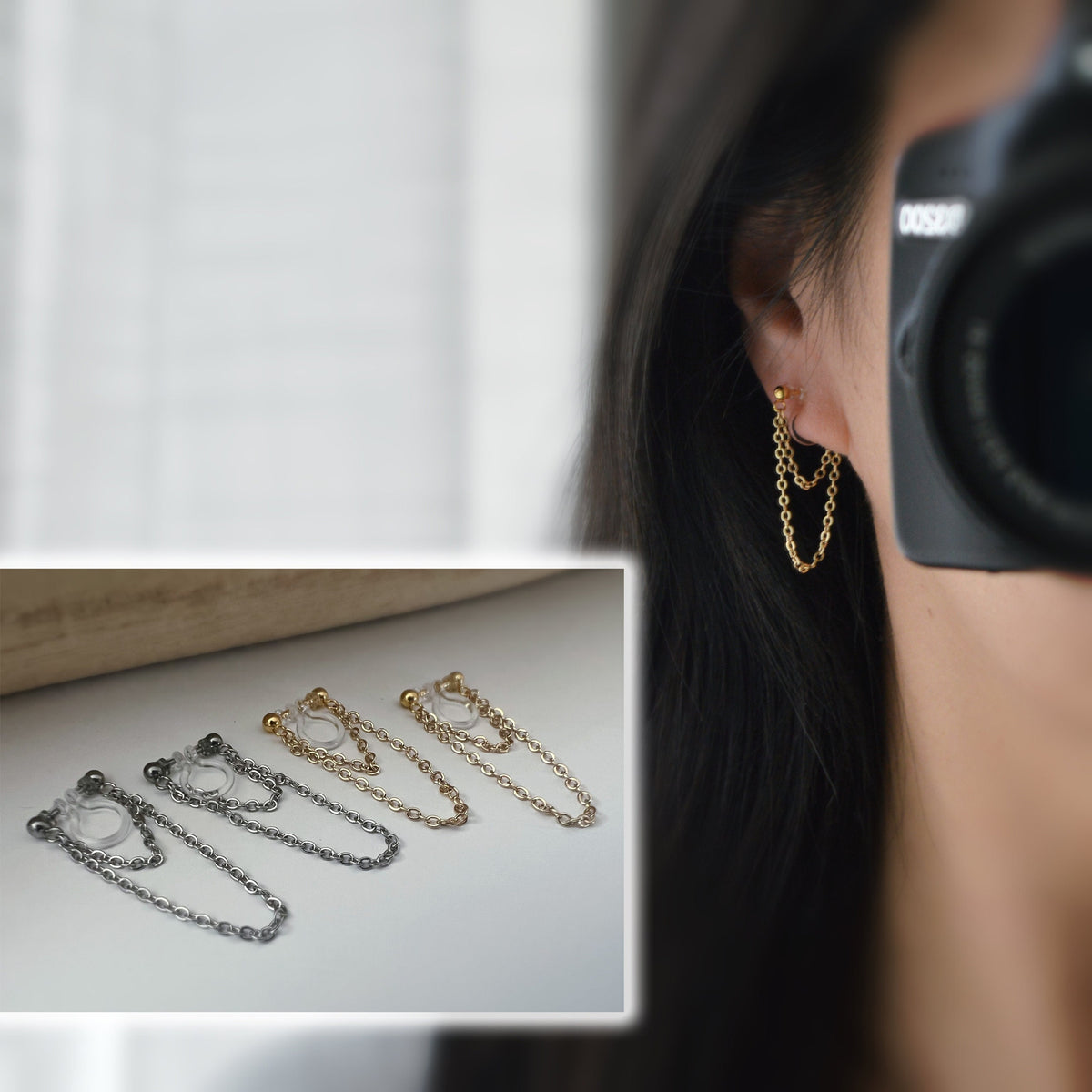 Boucles d'oreilles CLIPS INVISIBLE, Double Chaîne, Couleur Argent / Or, Clips d'oreilles pour oreilles non percées, tassel CLIPS.