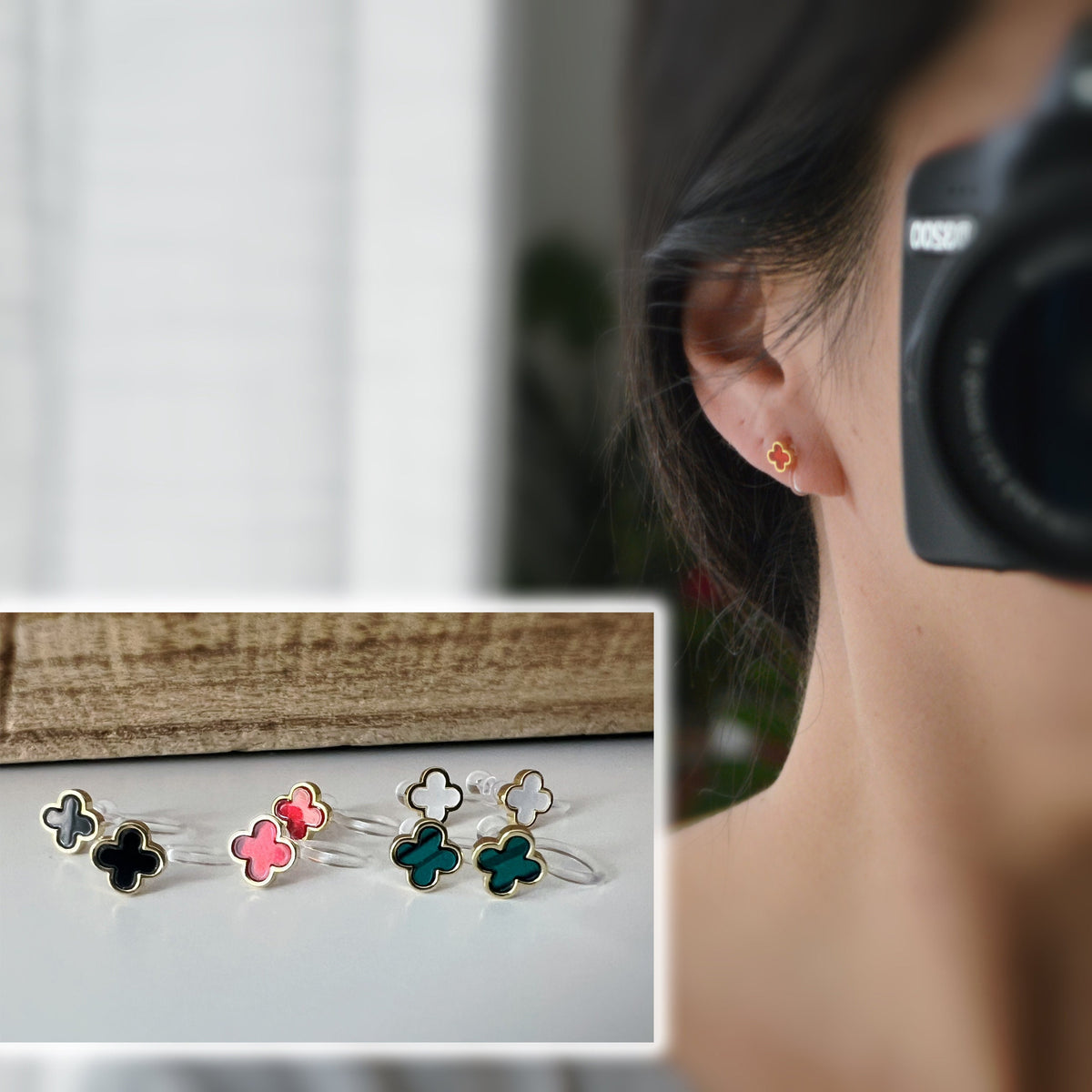 CLIPS d'oreilles invisibles Or Mini Trèfle à 4 feuilles porte bonheur Noir/ Blanc/ Rouge/ Vert. Boucles d'oreilles confortable délicat