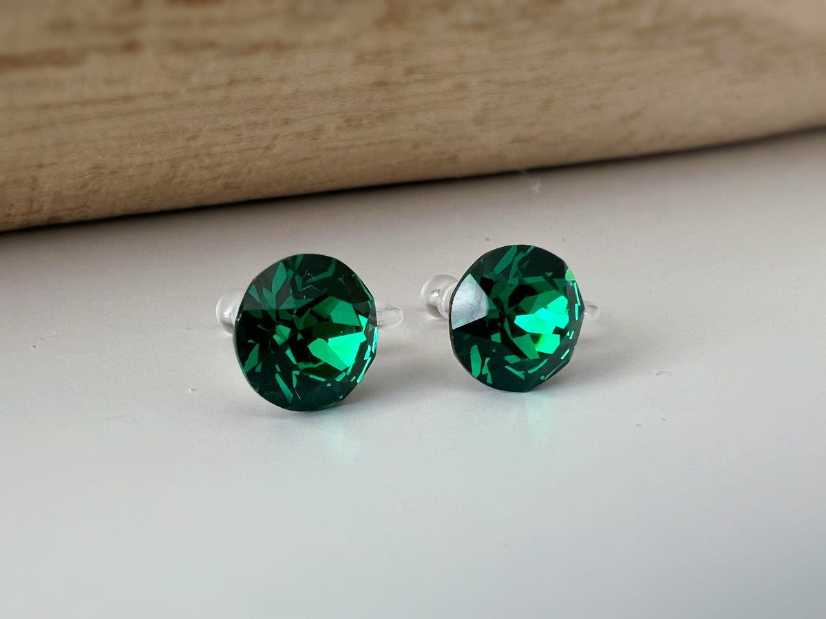 Boucles d'oreilles CLIPS invisible Cristal Rond Vert Majestic Green PureCristal, Clips d'Oreille Petit cristal Vert Minimaliste.