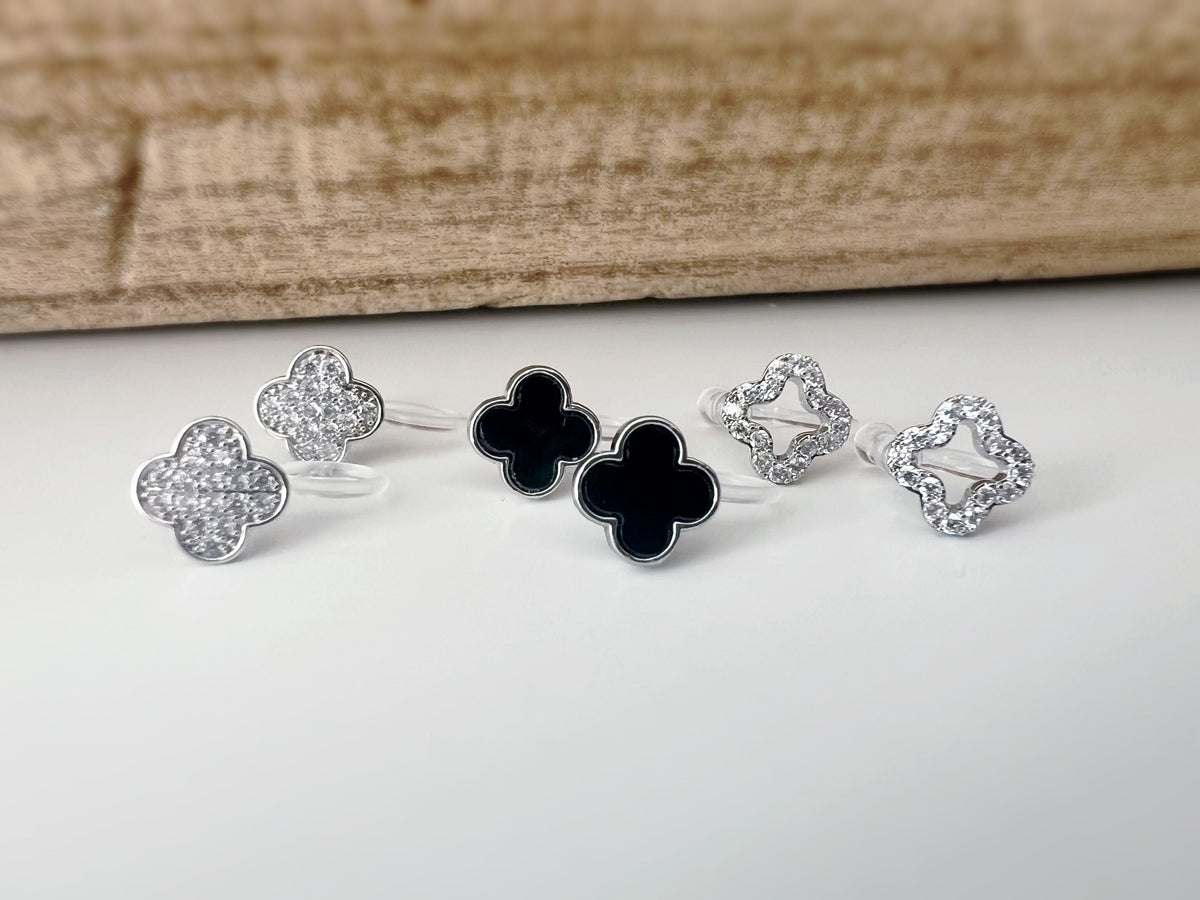 CLIPS d'oreilles invisibles Trèfle à 4 feuilles porte bonheur Noir/ Mini zircon Argent/ Argent creux Boucles d'oreilles confortable délicat