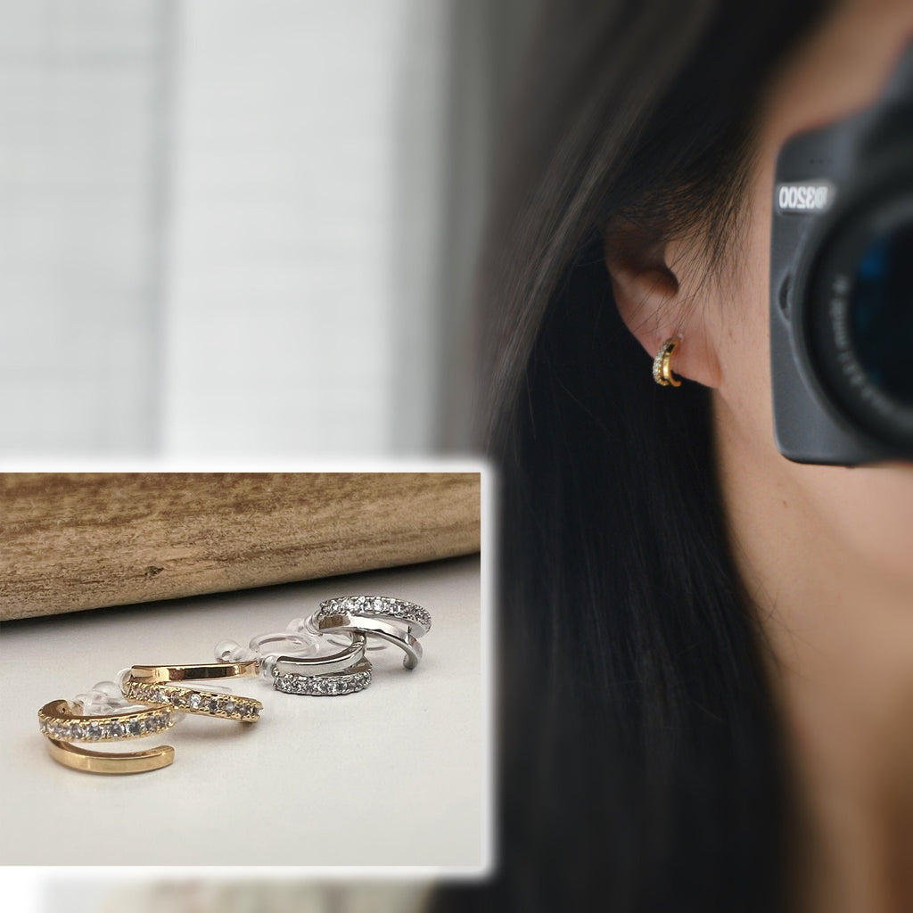 Boucles d'oreilles Clips INVISIBLES Double demi-cercle couleur Or / Argent Zircon Clips d'oreilles confortable bijoux minimaliste quotidien.