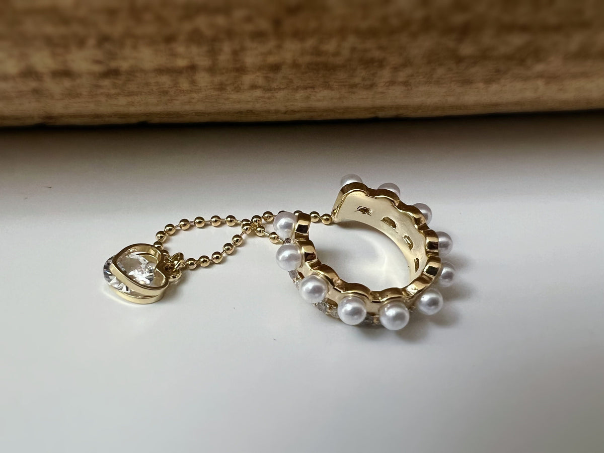 Bague d'oreilles boucles d'oreilles créole anneau mini perles blanches zircon, petit coeur zircon Clips d'oreilles plaqué d'Or chaîne.