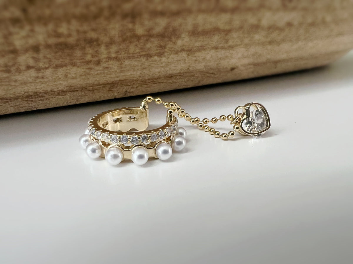 Bague d'oreilles boucles d'oreilles créole anneau mini perles blanches zircon, petit coeur zircon Clips d'oreilles plaqué d'Or chaîne.