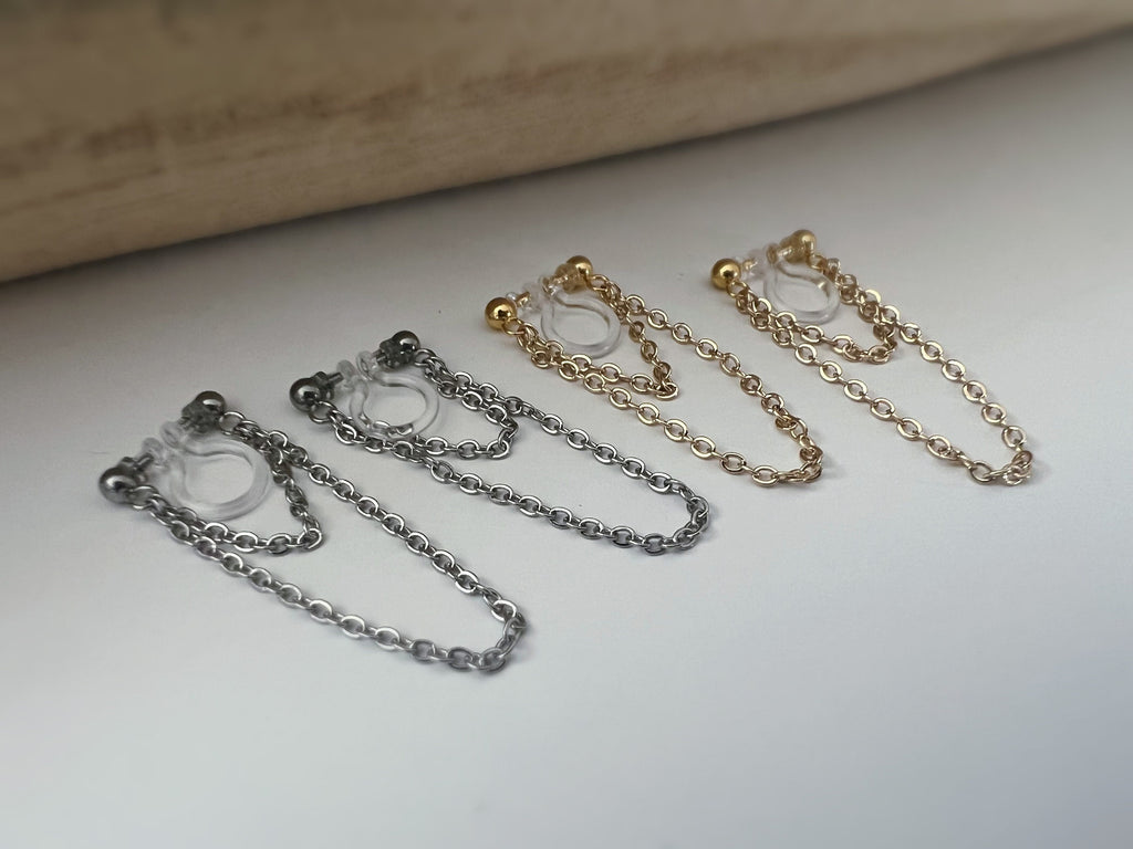 Boucles d'oreilles CLIPS INVISIBLE, Double Chaîne, Couleur Argent / Or, Clips d'oreilles pour oreilles non percées, tassel CLIPS.
