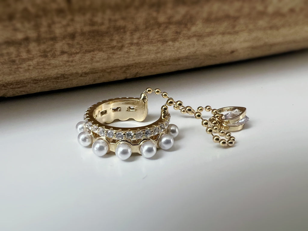 Bague d'oreilles boucles d'oreilles créole anneau mini perles blanches zircon, petit coeur zircon Clips d'oreilles plaqué d'Or chaîne.