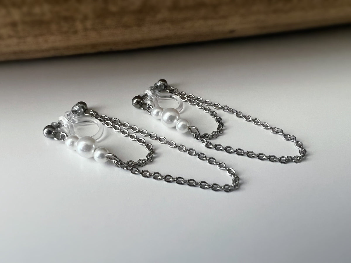 INVISIBLE CLIPS earrings, Small white pearls Double Chain Silver Color Ear clips non pierced ears tassel CLIPS.