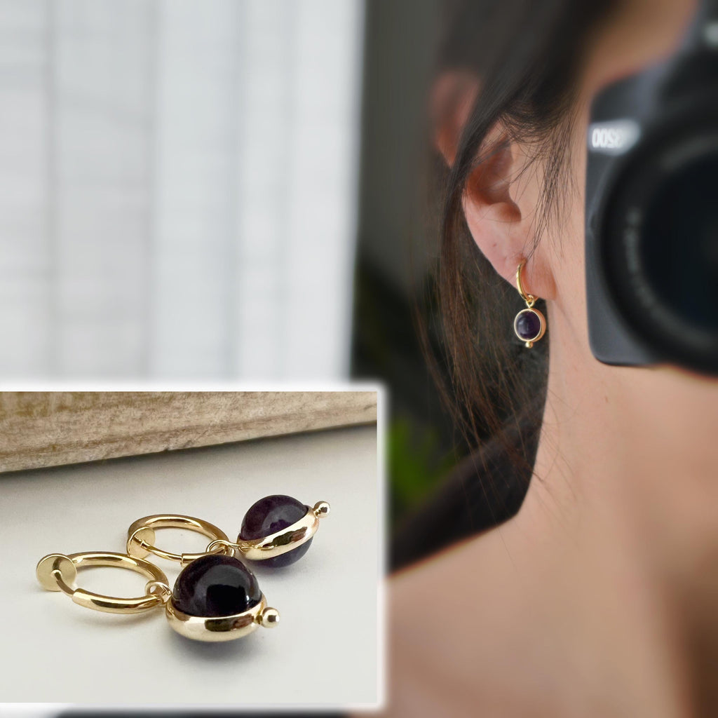 2-EN-1 Boucles d'oreilles CLIPS pendantes anneaux couleur Or perles améthyste violet foncé/ perle calcédoine violet claire Clips créole 13mm