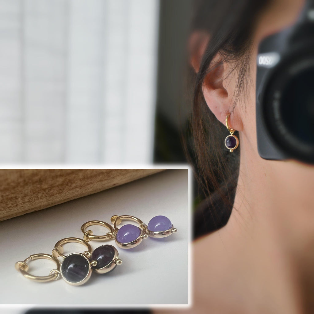 2-EN-1 Boucles d'oreilles CLIPS pendantes anneaux couleur Or perles améthyste violet foncé/ perle calcédoine violet claire Clips créole 13mm