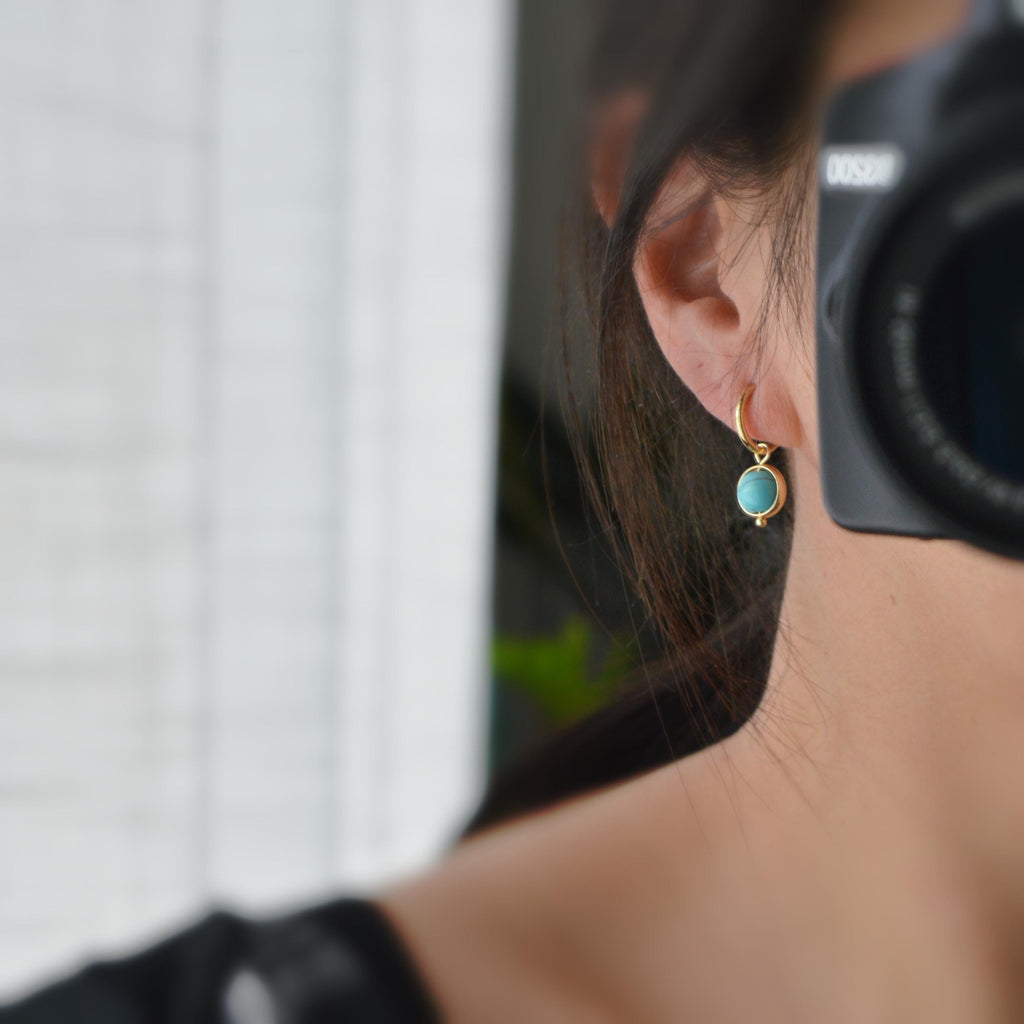 2 en 1 Clips d'oreille CLIPS pendants anneaux Créoles couleur Or perles ronde turquoise bleu. Bijoux quotidien Anneaux 1.3cm