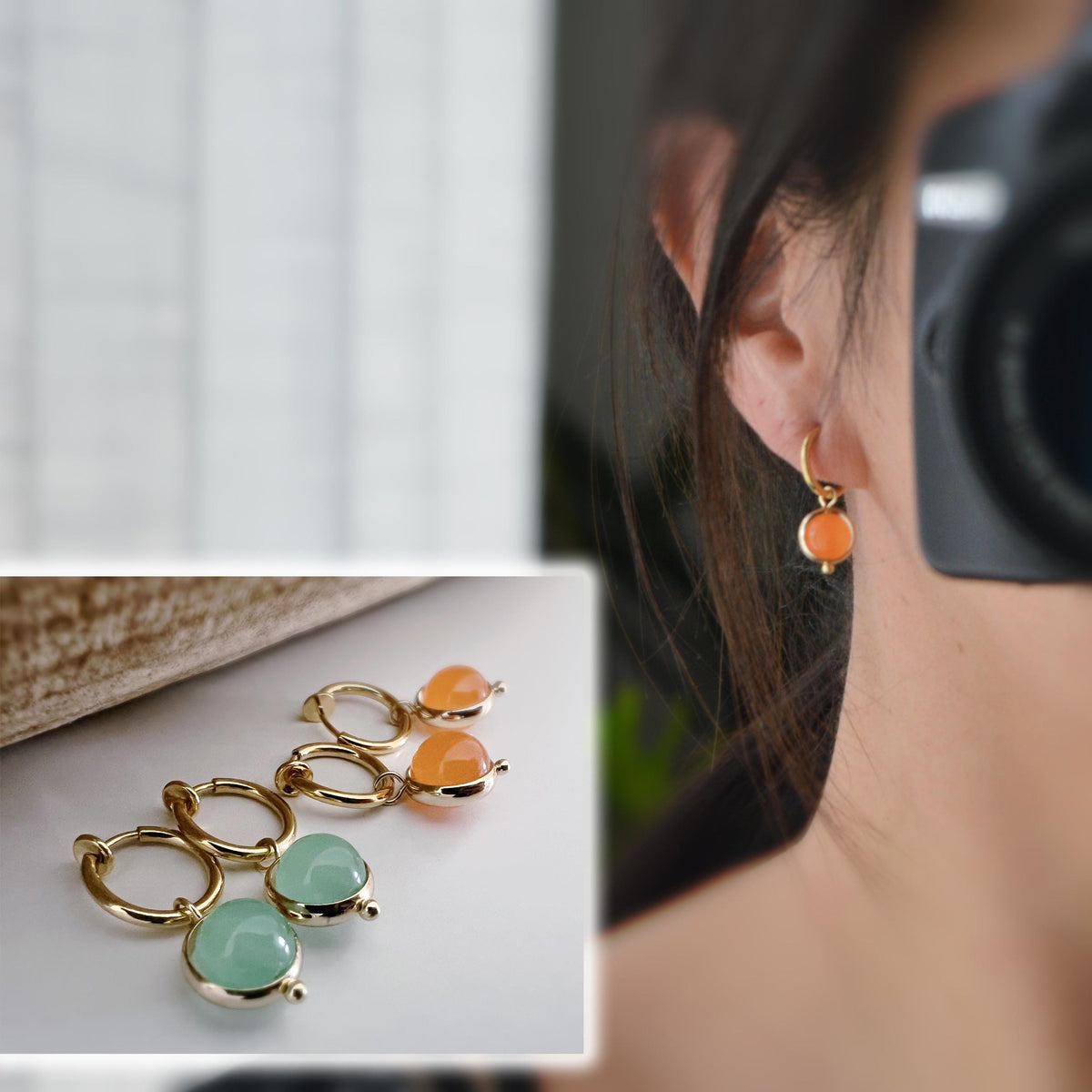 2-EN-1 Boucles d'oreilles CLIPS pendantes anneaux couleur Or perles calcédoine verte/ Orange. Clips créole 13mm oreilles non percées
