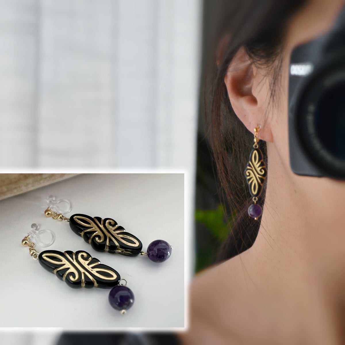 Longue boucles d'oreilles pendantes CLIPS INVISIBLES couleur Or, Perle losange vintage en acétate à motif doré Perle ronde amethyste violet