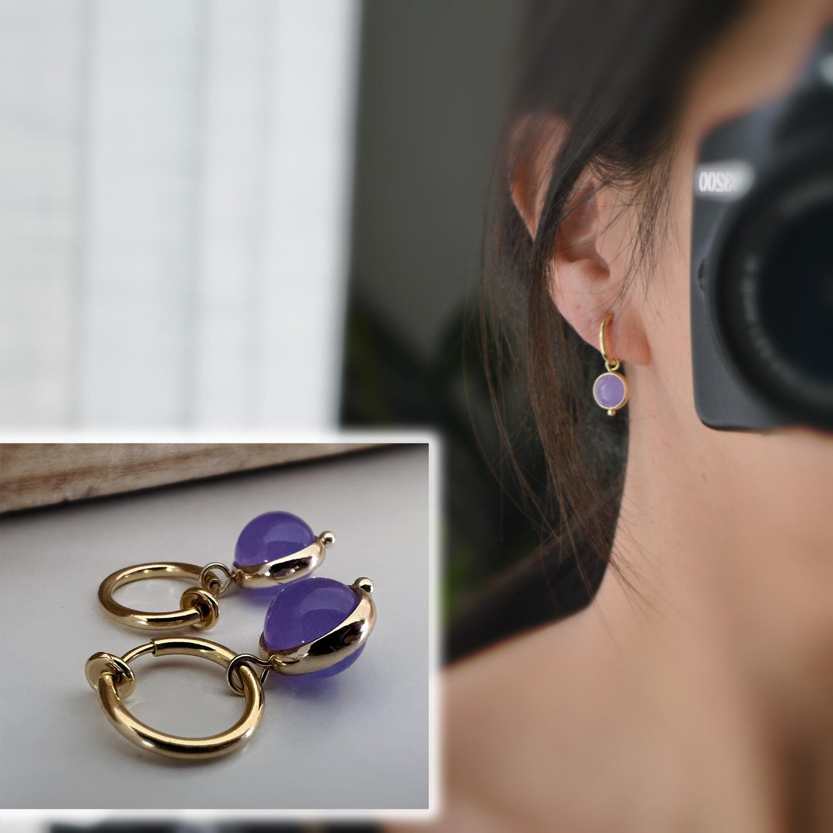 2-EN-1 Boucles d'oreilles CLIPS pendantes anneaux couleur Or perles améthyste violet foncé/ perle calcédoine violet claire Clips créole 13mm