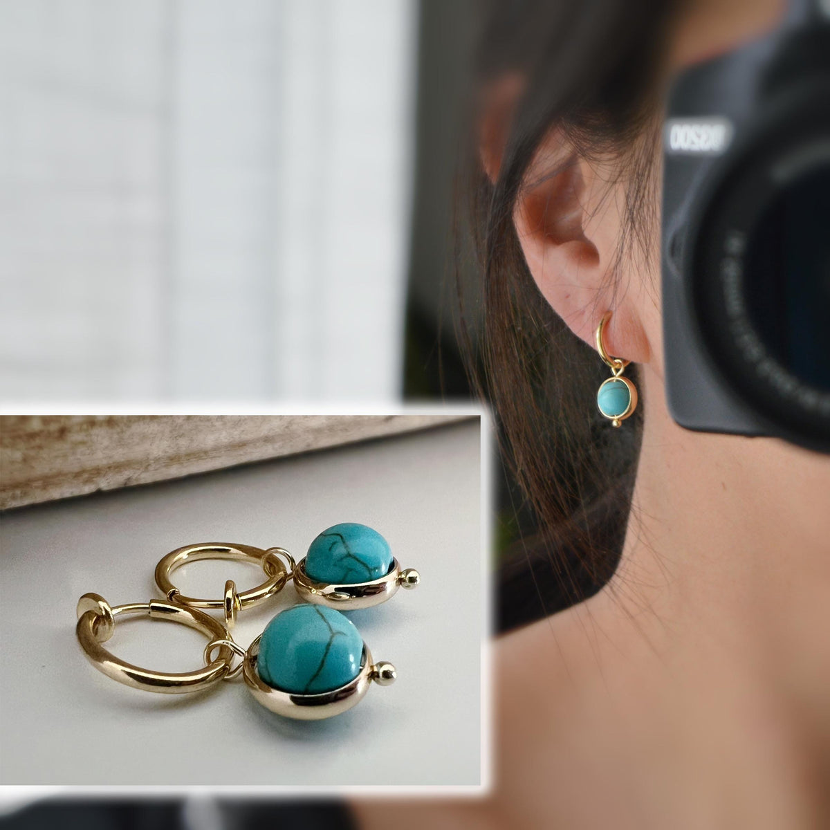 2 en 1 Clips d'oreille CLIPS pendants anneaux Créoles couleur Or perles ronde turquoise bleu. Bijoux quotidien Anneaux 1.3cm