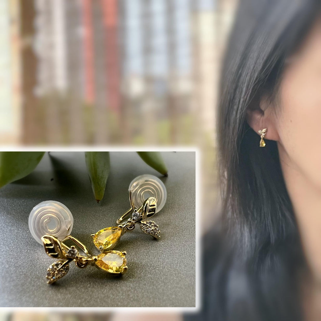 SANS DOULEUR ! Boucles d'oreilles CLIPS U spirale Feuilles Or Zircon goutte d'eau jaune. Clips d'oreilles confortable Boucles Délicates