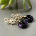 Boucles d'oreilles Clips INVISIBLES pendantes Feuille Zircon Or/ Argent, Petit cercle Donut en verre violet foncé. Clips confortable