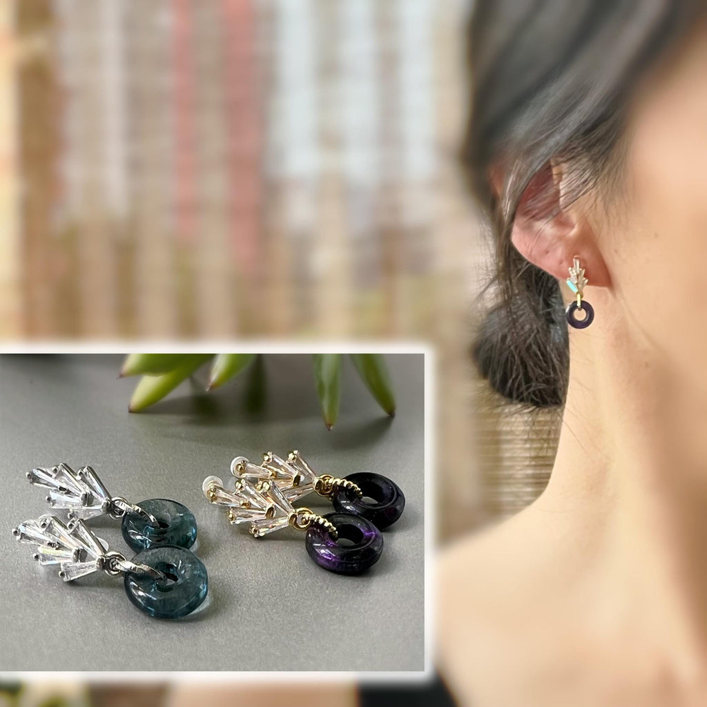 Boucles d'oreilles Clips INVISIBLES pendantes Feuille Zircon Or/ Argent, Petit cercle Donut en verre violet foncé. Clips confortable
